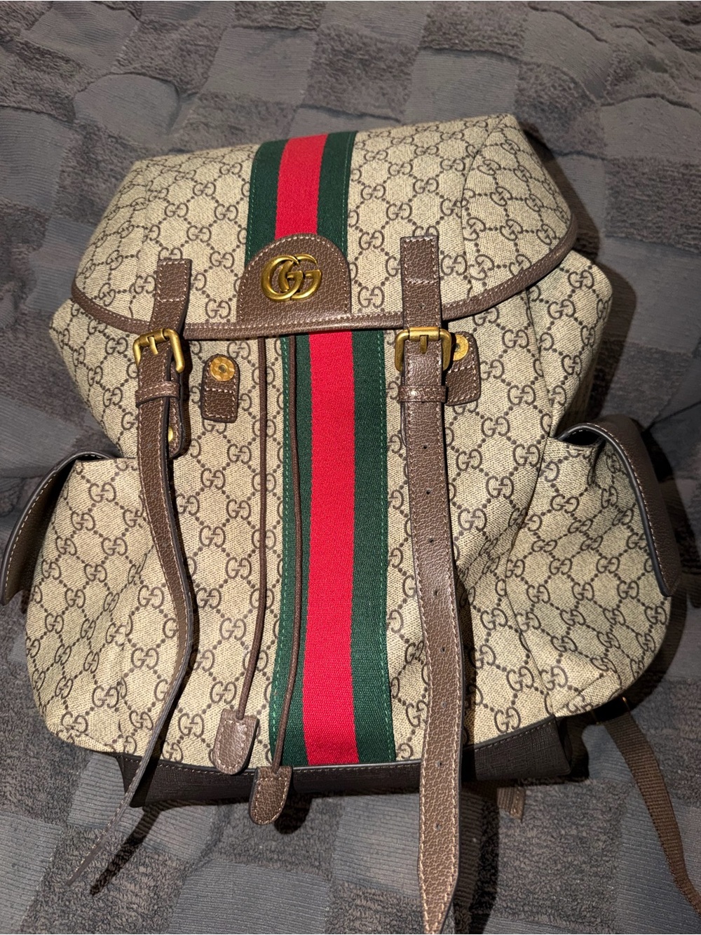 Beige GG Supreme Canvas Backpack with Green and Red Stripe